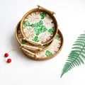 Three-piece woven rattan trays with green leaf patterns and wooden handles - Money Green Flower / Three-Piece Set