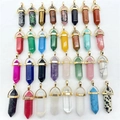 Various hexagonal crystal pendants with gold metal bails shown in a grid layout - Amethyst