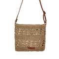 Handmade hollow paper rope woven crossbody beach bag with brown faux leather strap - Small / Khaki