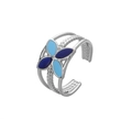 Detail of silver-tone open ring featuring blue enamel flower with woven texture bands - Silver Blue White Flower (J505-2)