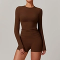 Chocolate brown slim fit long sleeve yoga top and high waist shorts sports set - Chocolate Brown