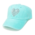 Detailed view of heart-shaped silver rhinestone motif on a light blue washed cotton cap - Mint Green