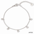 Silver stainless steel beaded bracelet featuring round zircon pendants and engraved logo tag - Silver + White Zircon (JAP352)