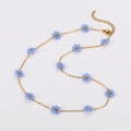 Minimalist gold chain necklace featuring small blue daisy floral charms with lobster clasp - Sky Blue