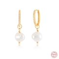 Golden S925 sterling silver hoop earrings with white zircon and baroque pearl charm - Gold