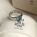 Adjustable S925 silver ring with a heart-shaped blue zircon and polished finish - Heart Blue Gemstone Adjustable Open Ring (J3965)
