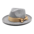 Cappello fedora in lana grigio classico con nastro elegante marrone dorato e fiocco - M (56-58cm) / Grigio Melange Chiaro