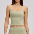 Light sage green racerback sports bra with square neckline and wide shoulder straps - Moss Green