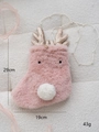 Pink plush Christmas reindeer stocking with gold antlers and pearl strap detail - Pink