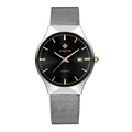 Men's silver mesh quartz watch with black dial and gold indices featuring date calendar - Silver Case Black Dial