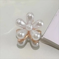 Mini camellia hair claw clip with white faux pearls and golden metal finish - White Pearl Flower