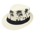 Panama straw hat with black palm tree patterns and elegant grosgrain ribbon trim - M (56-58cm) / Beige with Palm Tree Pattern