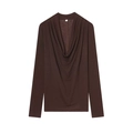 Haut à manches longues drapé pour femme en marron café avec un tissu en maille fluide - S / Brun Foncé