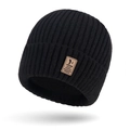 Men's black knitted beanie with ribbed texture and brown leather patch detail - Black