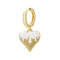 Detailed close-up of golden heart earring with white melting enamel drip effect - White