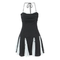 Abito a pois con scollo all'americana e bordo in pizzo bianco, stile estivo senza maniche - S / Nero