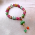 Colorful gemstone beaded bracelet with gold cloisonné spacers and green lotus seedpod pendant - Colorful Gemstone Lotus Pod Bell Bracelet (21 Bracelet - Lotus)