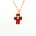 Hip hop gold necklace featuring a luxury double-layer red zircon cross pendant - Red