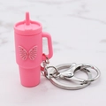 Pink silicone cup keychain with butterfly relief and silver lobster clasp - Rose Red Butterfly Cup Keychain