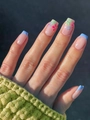 Short nude press-on nails with blue French tips and colorful floral nail art patterns - XB-37-11 Blue French Painted Flowers