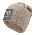 Berretto invernale in maglia beige con toppa in pelle nera per uomo e donna per l'esterno - Taglia unica / Cachi