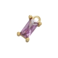 Macro shot of rectangular purple zircon pendant with gold-plated claws and connector ring - Gold Purple