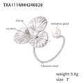 Titanium steel open ring with 18k gold finish featuring zircon and imitation pearl - Zircon Flower Pearl Open Ring (TXA111) / Silver