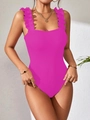 Close-up of rose pink ribbed knit bodysuit featuring elegant ruffled shoulder straps - S / Rose Red