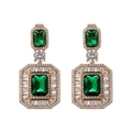 Macro detail of emerald cut green drop earrings with brilliant white zircon accents - Large Rectangle Halo Style (J)