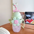 Pink sunflower straw water bottle with adjustable strap and cute cartoon face design - Sun Flower Green Pink