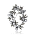 Broche couronne vintage en perles grises et cristaux sur métal argenté pour femmes - Argent (B113-A)