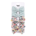 Green plaid and floral pattern fabric bow hair clips 4-piece set on display card - DP037-9 (4pcs Set: Green White Plaid/Colorful Floral)