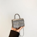 Mini metallic gray crossbody bag with crocodile texture and silver chain strap - Gunmetal