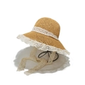Damen Strohhut mit weißer Spitze und Bändern, breite Krempe für sommerlichen Sonnenschutz - M (56-58cm) / Khaki