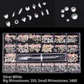 21-grid nail art set with silver crystals, flatback gems, and dual-ended dotting pen - Clear White (350 Big, 3480 Small)