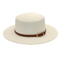 Detailed texture of a white woven boater hat with a brown faux leather buckle strap - M (56-58cm) / Pure White