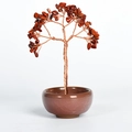 Handmade red crystal money tree with copper wire in a dark brown ceramic bowl - Red Jasper