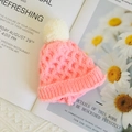 Pink knitted beanie hat for 20cm cotton dolls featuring a white fluffy pompom and cable knit - For 20cm Doll / Pink Pompom Hat