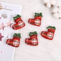 Five red Christmas stocking felt patches with green velvet bows and snowflake embroidery - 30 Christmas Sock