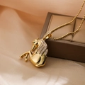 Gold plated horse pendant necklace with sparkling zircons on elegant champagne silk fabric - Gold - White Zirconia (23850)