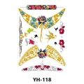 Metallic gold and silver tattoo stickers with floral patterns and bird motifs, style YH-118 - Peony Hibiscus and Swallow Butterfly (YH-118)