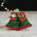 Christmas double bell hanging decor with green glitter finish and red bow ornament - Green Bell