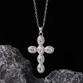 Silver cross necklace variant with oval cubic zirconia on dark natural stone background - Silver Oval Spliced Pavé Cross (款式18)