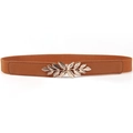 Ceinture élastique marron avec boucle en forme de feuille dorée sur fond blanc - Marron