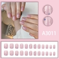 Short square press-on nails with nude pink base and colorful floral speckle design - A3011 (Glue Type)