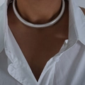 Polished silver stainless steel twist necklace on model wearing white shirt - Necklace-1.6cm / Steel