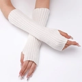 White ribbed knit arm warmers with thumb holes and mid-length winter fingerless design - White