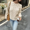 Women's crew neck cable knit sweater in cream white with soft chunky texture - S / Apricot