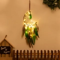 Moon shaped dream catcher with green and brown feathers and warm LED fairy lights - Green Moon with LED Lights (Moon)