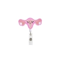 Pink embroidered cartoon uterus badge reel with retractable cord and alligator clip - Pink Uterus Smile